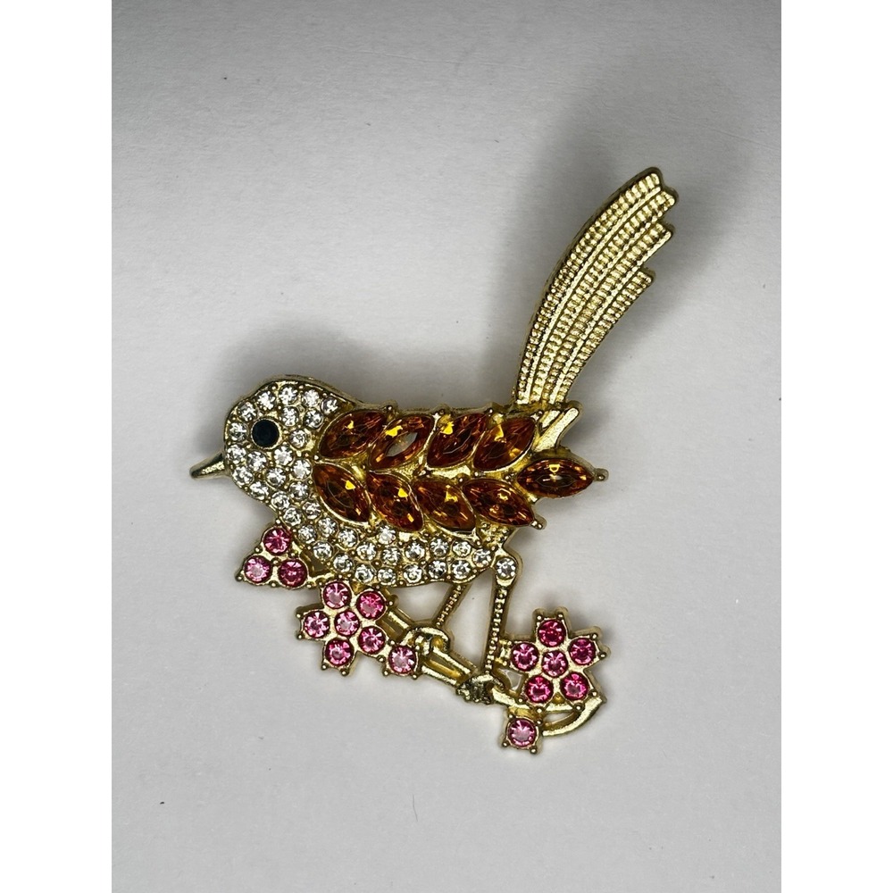 Bird Rhinestone Brooch Gold Tone Amber Pink Crystal Floral Pin 2"
